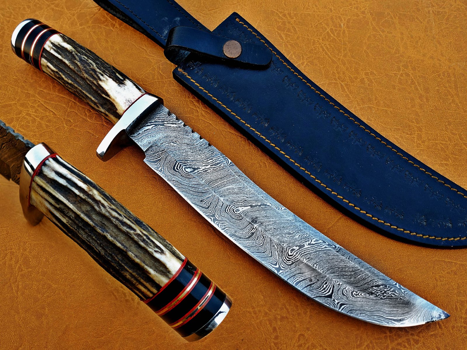 Damascus Steel Blade Bowie Knife Deer Antler Overall